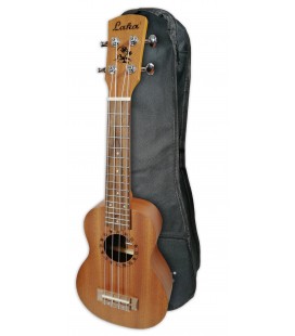 Foto do ukulele soprano Laka modelo VUS 10 sapele com o saco