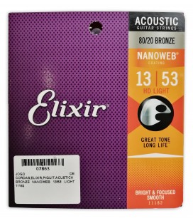 Capa da embalagem do jogo de cordas Elixir modelo 11182 Bronze Nanoweb HD Light 011 53 para guitarra acústica