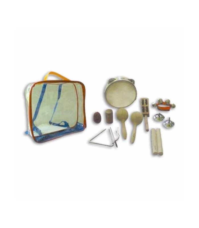 Foto dos instrumentos e mala do kit de percussão Honsuy 46550