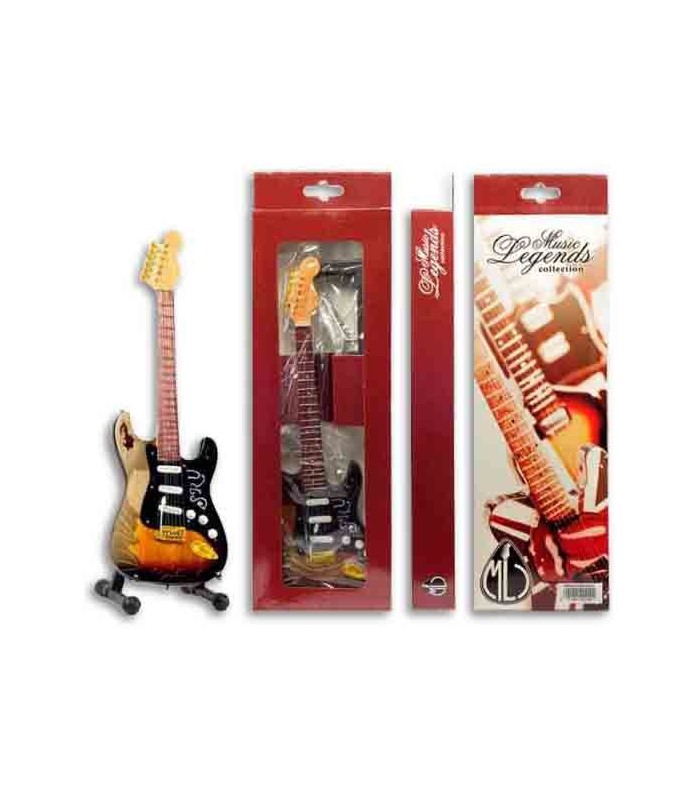 Imagem de uma miniatura de guitarra elétrica no suporte e da embalagem
