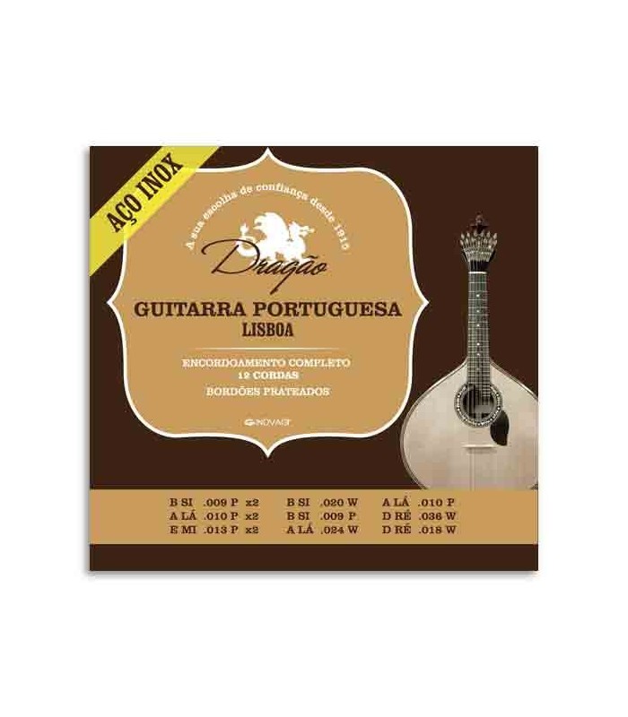 Foto da embalagem das cordas Drag達o 073 para guitarra portuguesa de Lisboa